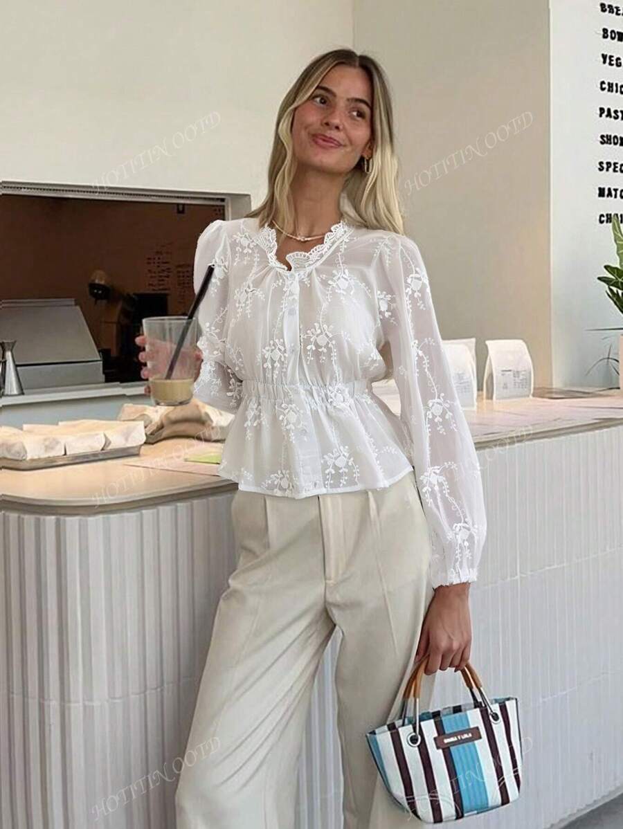 Completo di colore unito, elegante, da donna, per primavera ed estate, con maniche a palloncino, volant all'orlo, chiusura frontale con bottoni, camicetta elegante a maniche lunghe, adatta per uso quotidiano, strada, pendolarismo, casa, ufficio, appuntamenti, camicia/top da donna