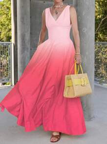 فستان رقيق بياقة V وخصر عالٍ ذو لون تدرجي، بأسلوب إجازة فرنسي قديم، موضة كاجوال للربيع والخريف 2025