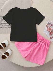 Set de 2 piezas de blusa de manga corta con estampado de mariposa y shorts falda rosa para niñas pequeñas, lindo y dulce para salidas de vacaciones en verano