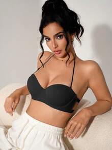 Hersunei 女士纯色带衬垫钢圈文胸，可转换挂脖式，四季皆宜，穿着舒适 - 黑色 - 查看 2