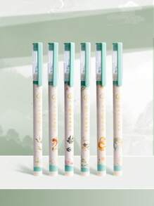 Caja de 6 Bolígrafos de punta recta, bolígrafos neutros de carbono de alta calidad con estilo chino para uso estudiantil en exámenes, bolígrafos de aguja negros de secado rápido con diseños de dibujos animados estilo Ins para volver a la escuela