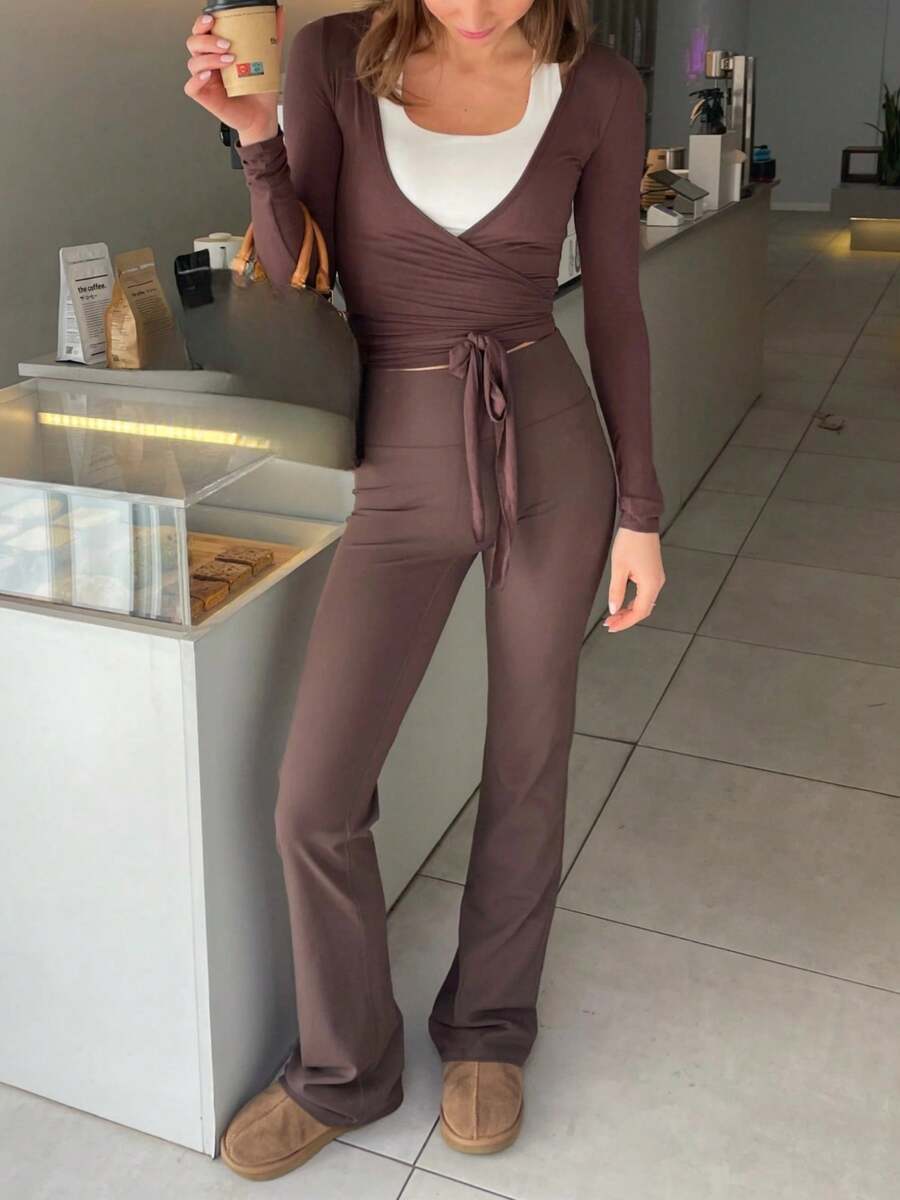 Yoga Sets Y2k Two Piece Workout Sets For Women Casual Solid Color Long Sleeve Workout Tops Cross Wrap Tie Deep V Neck Bandage Surplice Wrap Crop Top T Shirt And Elastic Flare Pants Set Skinny Bell Bottom Leggings Fitness Gym Athletic Sportswear Dance Ball - Coffee Brown - View 1