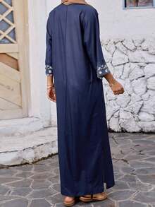 Women Ramadan Dress 3/4 Sleeves V-Neck Loose Long Dress Print Arab Robe Caftan Gowns - Blue - View 5