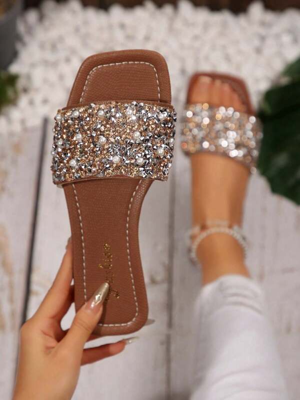 Women's Plus Size Slip-On Crystal Decorated Sandals, Casual Versatile Outdoor Flat Plastic Slippers