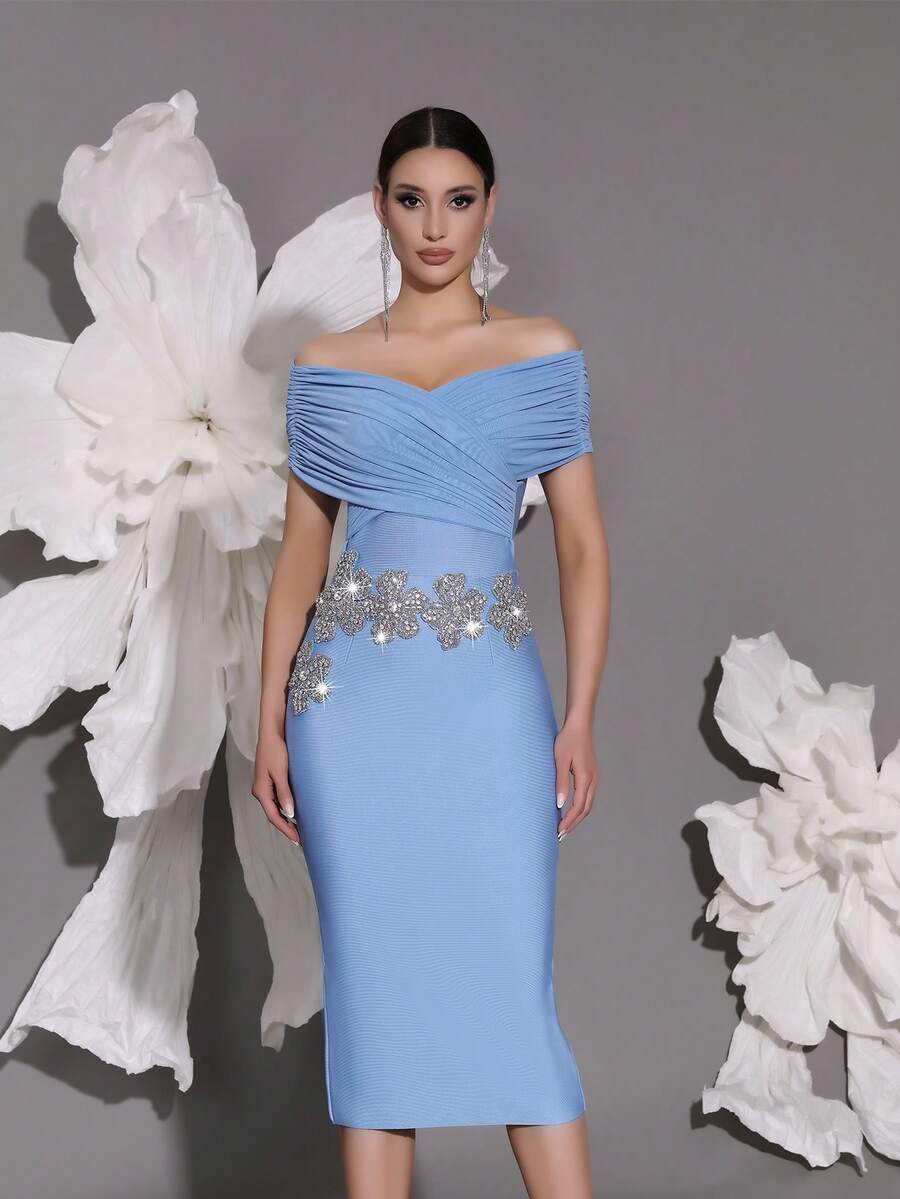 Váy dạ hội đan trễ vai, phong cách Châu Âu sang trọng thanh lịch, váy dạ hội xẻ tà gợi cảm - Màu xanh lam - Xem 1