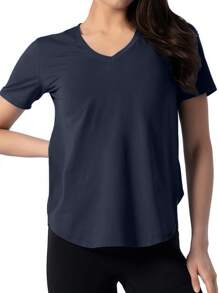 Women V-Neck Yoga Activewear Top, Loose & Stretchy Short Sleeve Tee For Fitness Running, Summer New