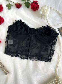 1pc Black Lace Rose & Mesh Padded Underwire Embroidered Floral Sheer Bodycon Bustier Top
