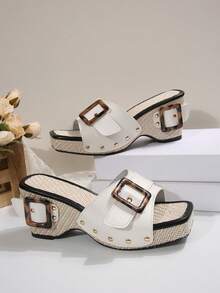 Sandalias de playa con diseño animal print de leopardo, hebilla y tacón ancho para mujer talla grande, de verano - Blanco - Ver 6