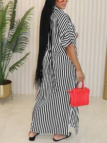 Plus Size Women Striped & Floral Print Shirt Dress Black Summer Elegant - Black - View 3