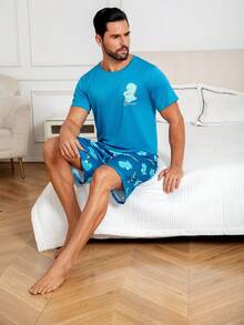 2pcs/Set Men's Blue Short Sleeve Dinosaur Print T-Shirt And Shorts Pajama Set - Blue - View 8