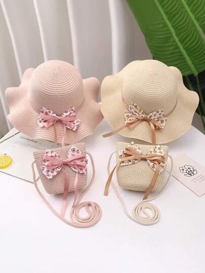 2pcs/Set Kids Straw Hat & Bag, Ditsy Floral Ribbon Bow Beach Sun Hat, Breathable Daily & Beach Ion