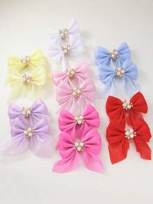 14pcs/Set Girls Rhinestone & Pearl Flower Solid Color Mesh Bow Hair Clips, Simple Princess Cute Hair Accessories, Daily Use - Multicolor - View 13