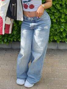 女式休闲水洗直筒低腰宽松破洞牛仔裤 - 淺色水洗藍 - 查看 5