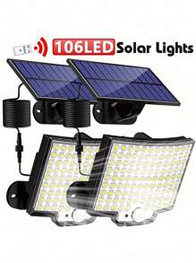 1 pieza Luz de pared exterior con sensor de movimiento alimentada por energía solar con 106 LED - Impermeable, haz de luz de 120°, incluye cable de 5,03 metros - Perfecta para acampar, jardines, pasillos y garajes