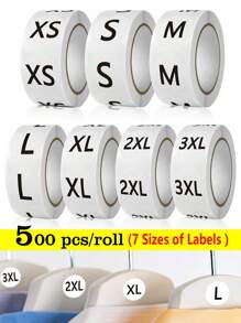 500pcs/Roll Size Labels Stickers, 7 Sizes XS S M L XL 2XL 3XL, Suitable For Clothing, T-Shirts, Dresses, Hats, Pants, Gift Packaging, Small Business Retail Labeling, Waterproof PVC Adhesive