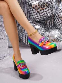 Damen Regenbogen-farbige Schleife Plateau Slip-On Schuhe, modische personalisierte High Heels, koreanischer Stil geeignet für Kleine, vielseitige Lässig Plateau Creeper Loafer, britischer Stil - Verschiedenfarbig - Übersicht 4