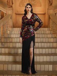 Multicolor Sequin V-Neck Fringe Sleeves Prom Dress - Black - View 8