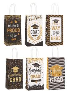 6 pièces Sacs cadeaux de remise des diplômes avec poignées, Sacs en papier de félicitations pour la remise des diplômes 2025, Fournitures pour fête de remise des diplômes, Décorations de cadeaux de bonbons, Convient pour le collège/lycée - Multicolore - Voir 1