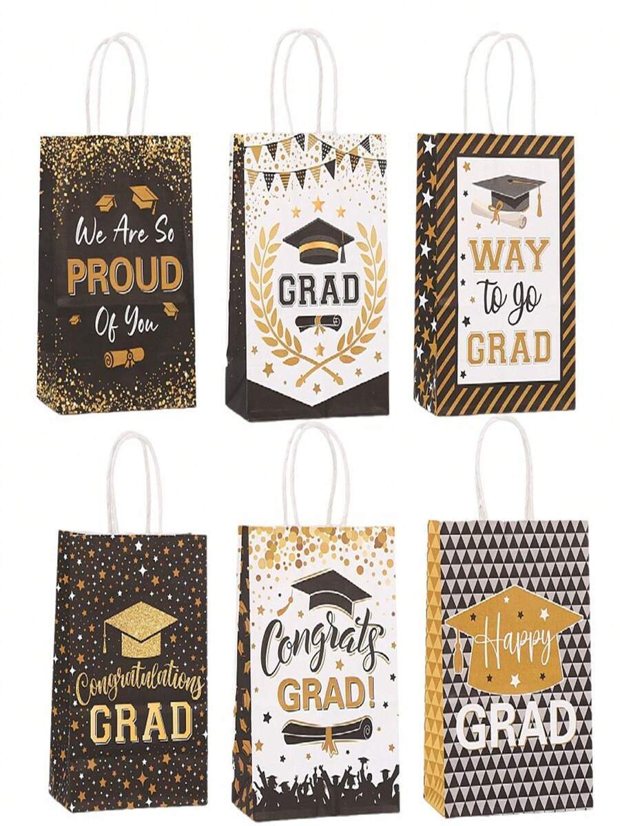 6 pièces Sacs cadeaux de remise des diplômes avec poignées, Sacs en papier de félicitations pour la remise des diplômes 2025, Fournitures pour fête de remise des diplômes, Décorations de cadeaux de bonbons, Convient pour le collège/lycée - Multicolore - Voir 1
