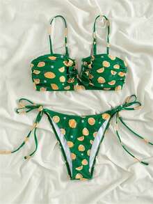 Women's Sexy Bathing Suit Small Fresh Print V Drag Backless Tethered Back Bikini Set Swimsuit - màu xanh lá - Xem 6