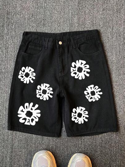 HEHCN Men's Floral Print Denim Shorts, Minimalist Fashionable Casual Daily Wear, American Street Style Knee Length Jeans Shorts, Suitable As Gift For Boyfriend, Husband