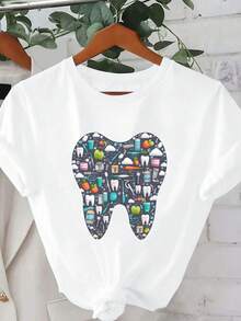 Toothbrushes Floss Tooth Shaped Pattern Pure Cotton Women's T-Shirt Comfort Fit