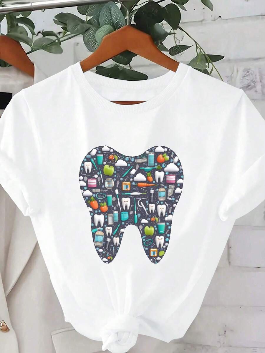 Toothbrushes Floss Tooth Shaped Pattern Pure Cotton Women's T-Shirt Comfort Fit