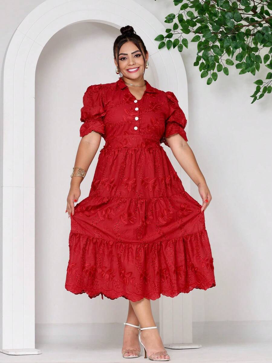Women's Fashion Midi Dress In 3D Laise Fabric With Elastex On The Back And Button On The Front And Lining - 深紅色 - 查看 1
