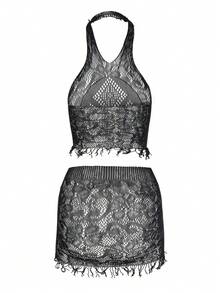 1pc Sexy Personalized Women's Lingerie Set - Halter Open Back Bodycon Mini Dress With Elastic Net - Black - View 8