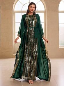 YISIKADO 2 件套女士宴会礼服套装，雪纺亮片长礼服，派对礼服，适合晚会、婚礼宾客 - 墨綠色 - 查看 7