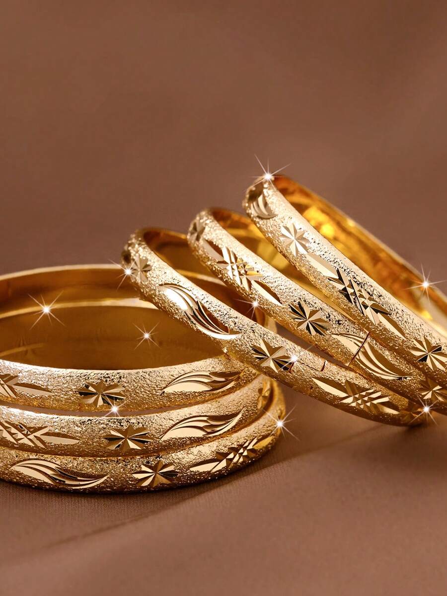 1/3/6pcs Traditional 24k Gold Plated Handcrafted Star And Angel Wing Design Bangles, Suitable For Daily Wear And Gift For Women, No Box Included - Gold - View 1