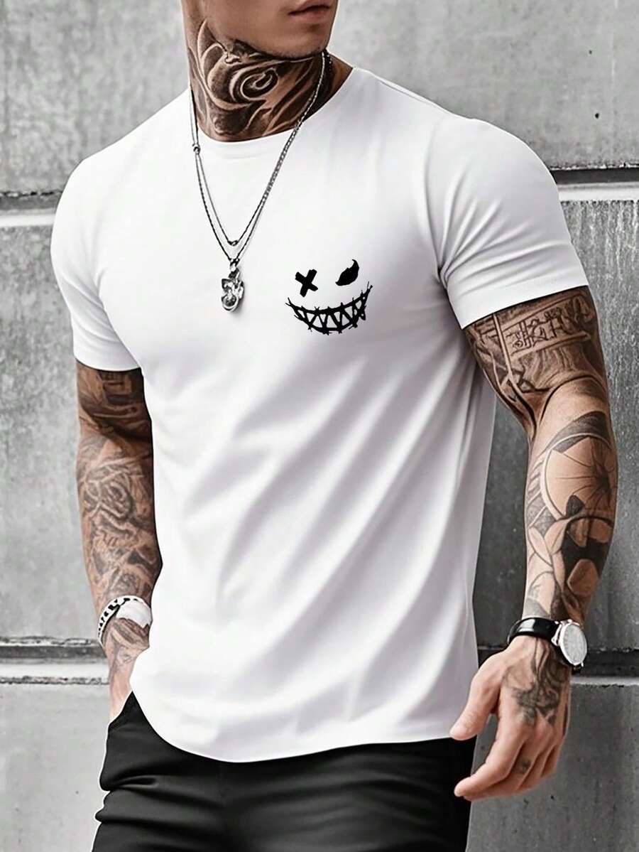 Camiseta de verano de cuello redondo de manga corta con cara sonriente de moda casual gótica para hombres