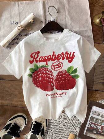 宽松舒适休闲女士夏季粉色水果草莓T恤覆盆子短袖水果爱好者清新水果甜美水果元素少女甜美风时尚T恤适合度假休闲日常穿着