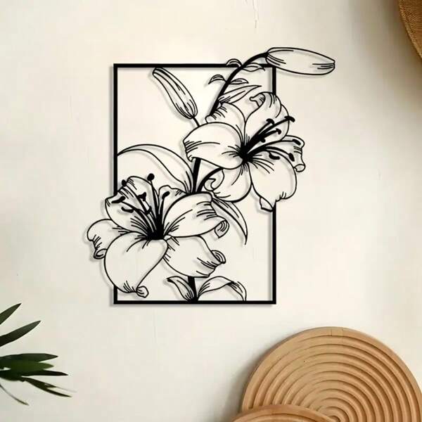1 pieza Arte de pared de metal con flor de lirio, decoración de arte lineal, decoración del hogar, decoración de pared, decoración de habitación, decoración de exterior, sala de estar, dormitorio, comedor, oficina, baño, jardín, patio, idea de regalo