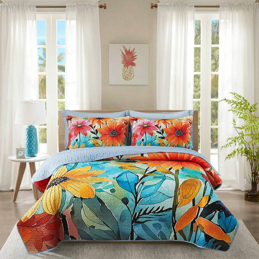 3pcs Printed Floral Bedspread Set, 1 Bedspread + 2 Pillow Shams, Skin-Friendly Breathable Soft And Comfortable (1*Bedspread + 2*Pillow Shams, No Comforter Or Pillow Insert) - 藍色 - 查看 1
