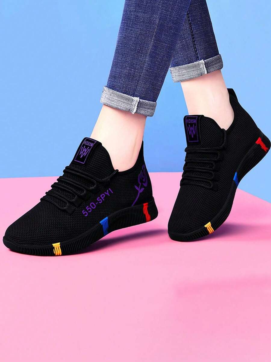 Casual impreso patrón de malla transpirable suave suela ligera Zapatillas de deporte para mujer, la moda de punta redonda pareja sandalias planas, adecuado para el uso diario, viajes, deportes - negro morado - Ver 1