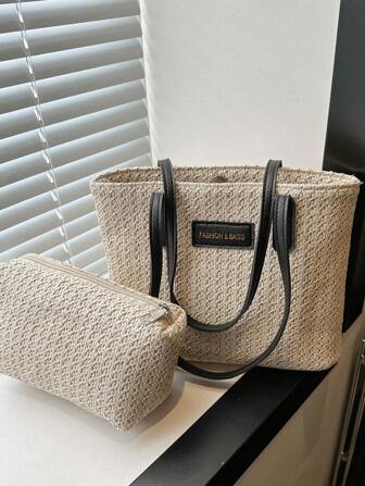 2 件草编休闲度假沙滩手提包