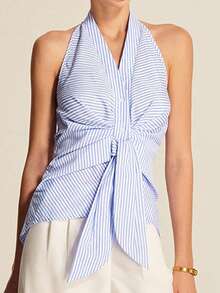 Camiseta sin espalda casual con cuello en V con nudo a rayas