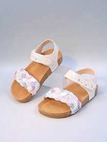 2025夏季新款女童罗马针织凉鞋，系带设计，透气，保护双脚，防滑轻便软木鞋底