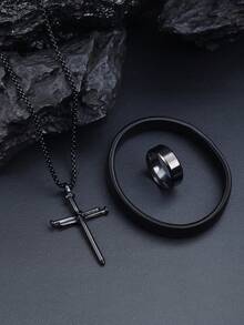 3pcs/Set Men' Jewelry Set,Necklace+Bracelet+Ring, Black Retro Style Cross Pendant Necklace,Religious Neck Jewelry,Perfect Jewelry Gift For Your Friends - A - View 3