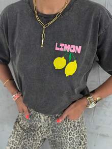 Lemon Graphic Casual Round Neck Short Sleeve Tee For Women - Grey - View 2
