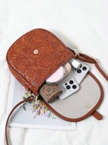 Bolso cruzado con estampado de flores en relieve para mujer, bolso de hombro vintage tipo silla de montar, bolso bandolera de mujer de piel sintética PU con diseño lindo para teléfono celular, bolso básico y versátil para uso diario, perfecto para eventos tipo rodeo