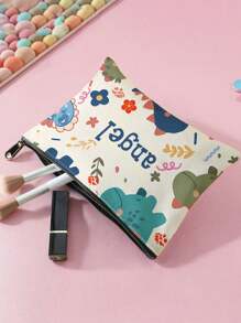 1pc Customizable Cute Dinosaur Print Double-Sided Travel Makeup Cosmetic Bag, Zipper Pouch, Wallet, Storage Bag - Excellent For Teenager Skincare Storage, Customized According To Your Name