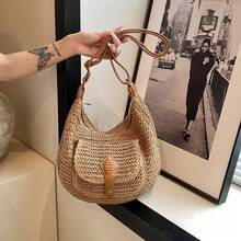 时尚简约女士编织斜挎包，小巧休闲单肩包，适合夏季海滩度假 - 卡其色 - 查看 3