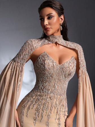 IBTRLY 新款奢华时尚优雅串珠刺绣拼接弹力针织面料（可拆卸两件套）立领雪纺袖飘逸正式晚宴派对婚礼生日开斋节礼服