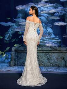 Faeriesty Đầm dạ hội trễ vai đính cườm sang trọng với đường xẻ tà đuôi cá và tay áo voan mỏng - Thiết kế đính sequin tinh tế dành cho đám cưới, sự kiện thảm đỏ, tiệc trang trọng và các buổi hợp tác với thương hiệu cao cấp, thanh lịch, thích hợp cho kỳ nghỉ xuân. - trắng - Xem 3