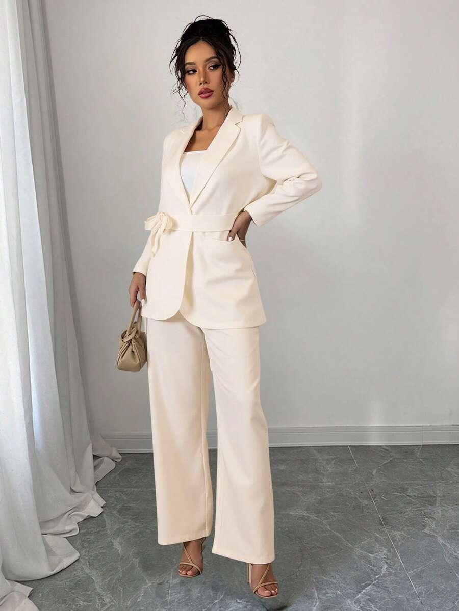 Conjunto dama blazer con cinturón con cuello en V pantalones con bolsillo oblicuo - Albaricoque - Ver 1