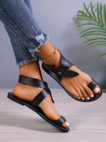 Damen Flache Sandalen, europäischer und amerikanischer modischer lässiger Rundkopf Nieten Schnallen Riemen Strand Pantoffeln