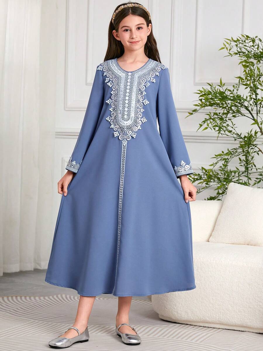 Tween Girls Dubai Embroidered Long Dress - Blue - View 1