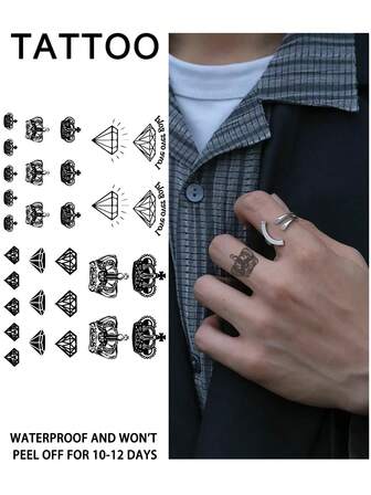 1 pièce Autocollant de tatouage temporaire avec motif géométrique couronne de diamant, semi-permanent, imperméable et anti-transpiration, dure 1-2 semaines, effet de jus d'herbes réaliste, non réfléchissant, faux tatouage noir, unisexe, applicable sur les bras, la poitrine, les jambes, l'abdomen, la taille, les doigts, le cou, etc., art corporel minimaliste moderne